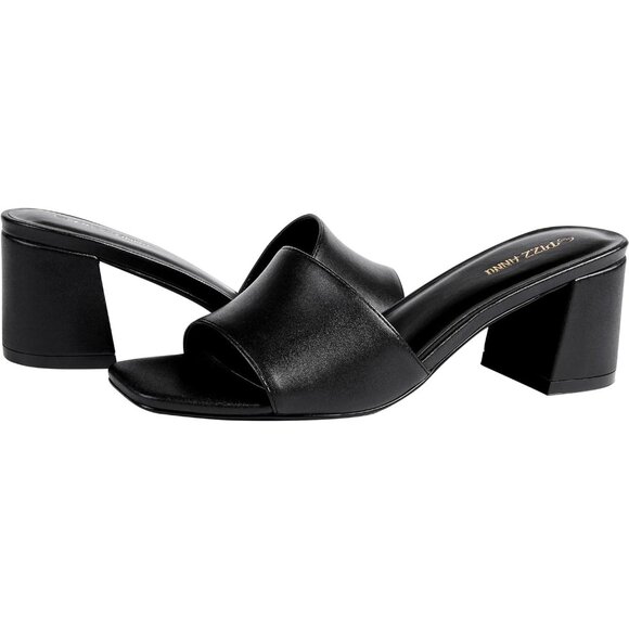 Women's Low Chunky Block Square Open Toe Black Heeled Sandal Slip on Mules Shoes - Picture 4 of 5